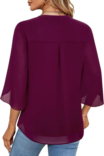 Miniatura 5 de Timeson Blusa de gasa de manga 34 para mujer, cuello en V, túnica elegante