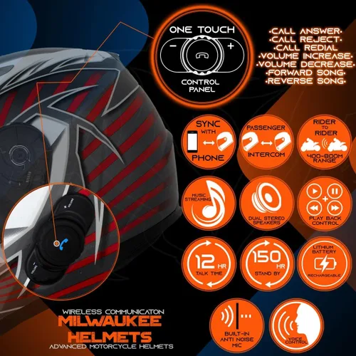 Miniatura 4 de Milwaukee Helmets H520 Casco de motocicleta de cara completa negro con intercomunicador, altavoz y micrófono integrados para hombres/mujeres