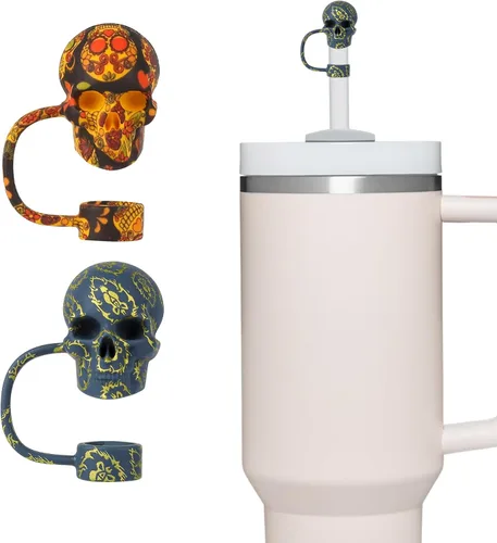 2 Pack de tapa de pajita con calavera para vaso Stanley 30 y 40 oz, accesorios para vaso de agua de tazón, tapa de pajita 3D reutilizable a prueba