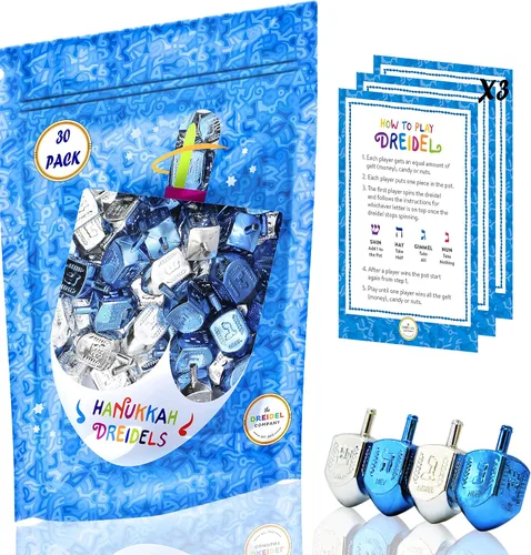 Miniatura 7 de The Dreidel Company Paquete de 10 Dreidels de Plástico Metálico Plateado y Azul de Hanukkah con Traducción al Inglés, Peonzas Incluye Tarjeta