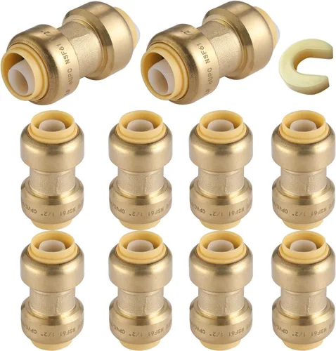 Miniatura 10 de Paquete de 12 acoplamientos rectos Pushfit de 1/2 pulgada, acoplamiento a presión de latón PEX con clip de desconexión, accesorios de plomería a