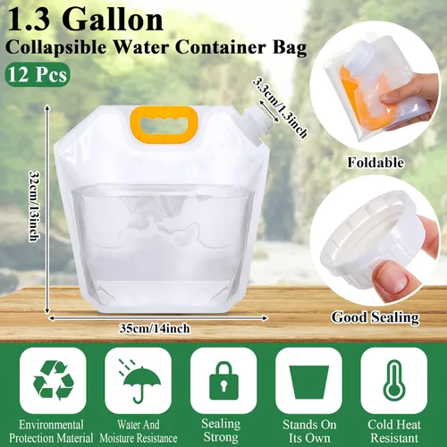 Miniatura 2 de Tessco for you Paquete de 12 bolsas plegables de almacenamiento de agua de 1.3 galones, contenedor de agua, jarra de emergencia, bolsa