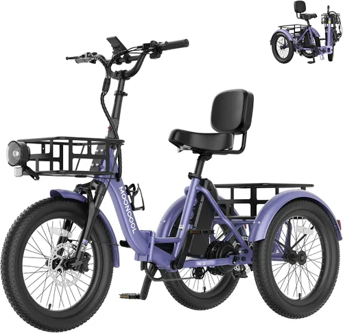 Miniatura 12 de MOONCOOL Triciclo eléctrico plegable para adultos, E-Trike de aluminio de 20 pulgadas con función de marcha atrás y opciones de largo alcance, Plata