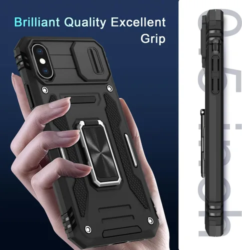 Miniatura 96 de DEERLAMN Funda para iPhone Xs Max con funda deslizante para cámara + protector de pantalla, soporte giratorio de anillo de grado militar a prueba