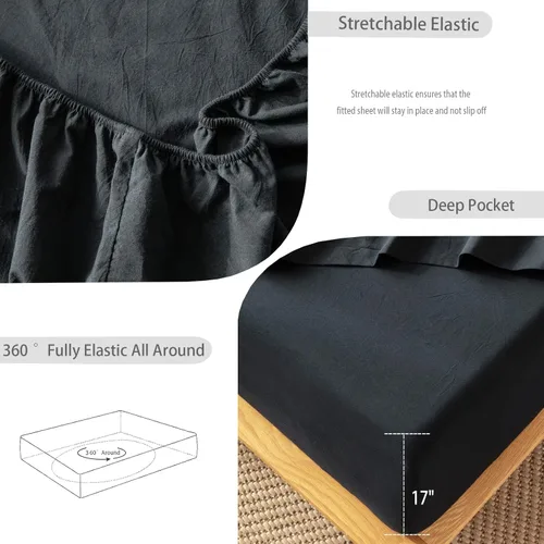Miniatura 4 de MooMee Sábana bajera ajustable únicamente, 100% algodón lavado con textura tipo lino, transpirable, duradera, suave, cómoda, bolsillo profundo, se