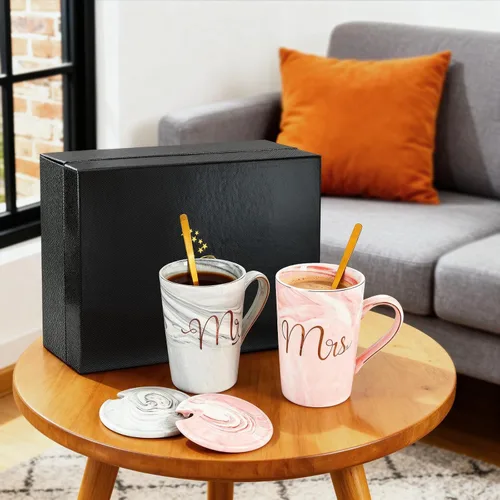 Miniatura 8 de Yesland Tazas de Café Mr and Mrs de 13.5 Oz, Regalos de Boda para Pareja/Novia y Novio, Tazas de Cerámica con Mármol para Despedida de Soltera