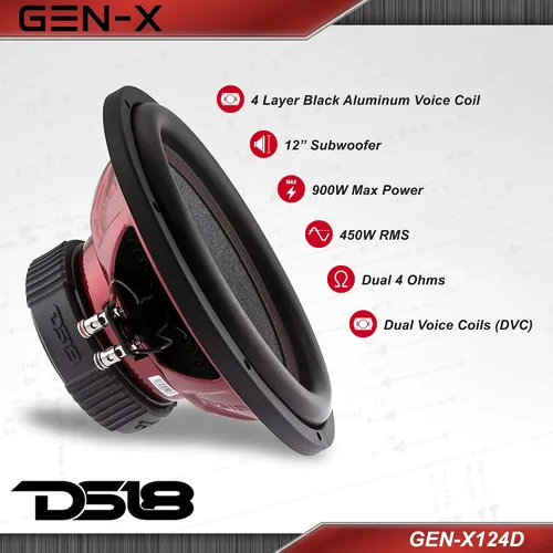 Miniatura 2 de DS18 GEN-X124D Subwoofer en negro - Bobina de voz de aluminio negro de 4 capas, 12 pulgadas, potencia máxima de 900 W, 450 W RMS, 4 ohmios duales