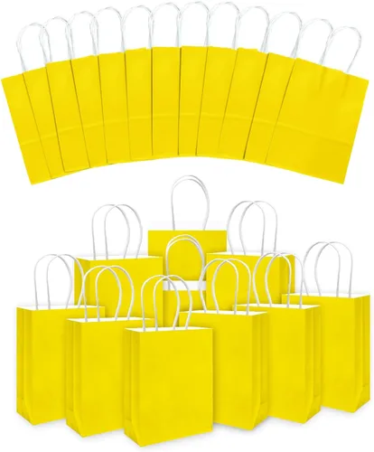 Miniatura 2 de qiqee 24 bolsas de regalo pequeñas con asas a granel de 8.3 x 6 x 3 pulgadas, bolsas de regalo amarillas brillantes, múltiples usos (tamaño pequeño)