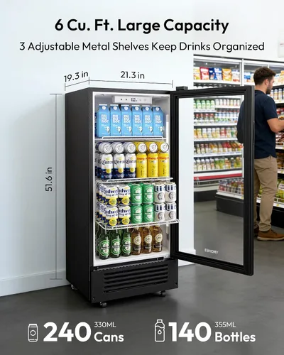 Miniatura 4 de EUHOMY Refrigeradores comerciales de 6 pies cúbicos con puerta de vidrio templado doble, refrigerador de bebidas con cerradura y estantes