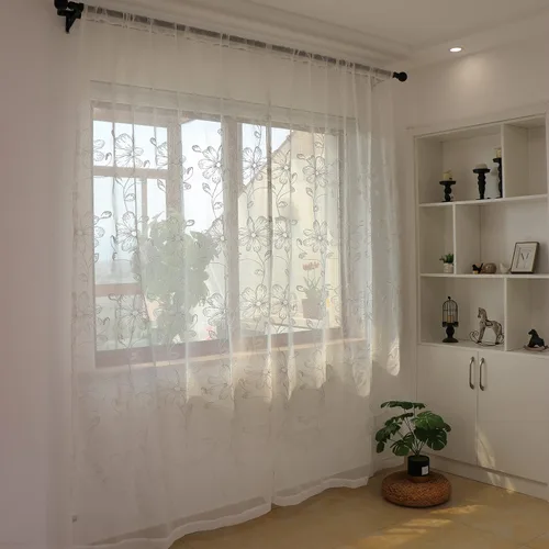 Miniatura 7 de SLOW SOUL Juego de 2 paneles de cortinas traslúcidas de lino sintético semitransparente con flores blancas para ventana, cortinas bordadas