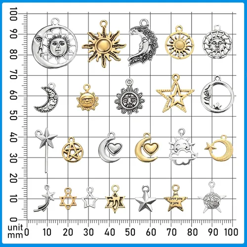 Miniatura 3 de Hicarer 160 piezas dijes para pulseras, dijes mixtos de sol, estrella y luna antiguos, dijes de esmalte plateado celestial para hacer joyas