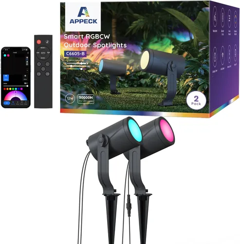 APPECK Foco inteligente para exteriores de 600 lm, RGBCW+IC luces de paisaje que cambian de color, paquete de 2 unidades, iluminación de paisaje