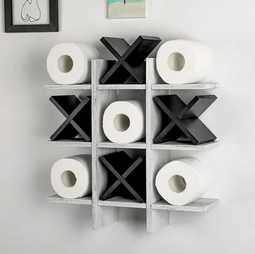 Miniatura 11 de Weysat Soporte de Papel Higiénico Tic Tac Toe Decoración de Pared de Baño Almacenamiento Colgante de Madera Rústica Estantes Independientes Montados