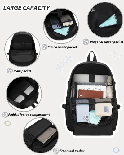 Miniatura 3 de Caoroky knight Mochila para portátil universitaria para hombres y mujeres, mochila grande para libros, ligera, mochila de viaje y día a día, Negro