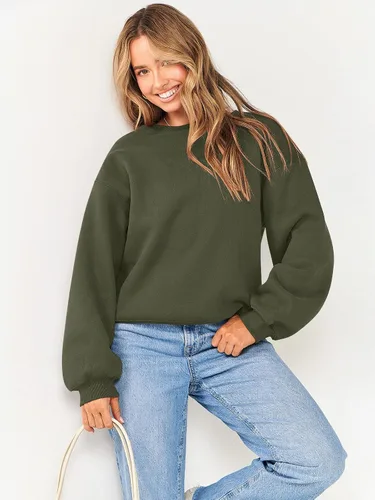 Miniatura 7 de ANRABESS Sudadera de manga larga para mujer, casual, cuello redondo, ajuste holgado, sudadera con capucha de forro polar para otoño