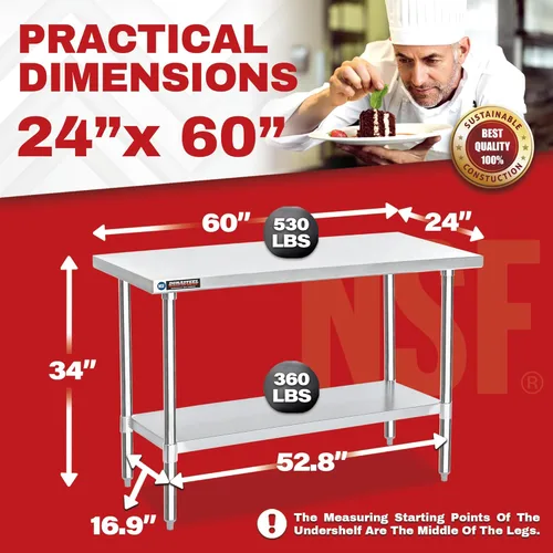 Miniatura 2 de DuraSteel Mesa de trabajo de acero inoxidable de 24 x 60 pulgadas, mesa de metal de preparación comercial NSF, soporte para horno de pizza al aire