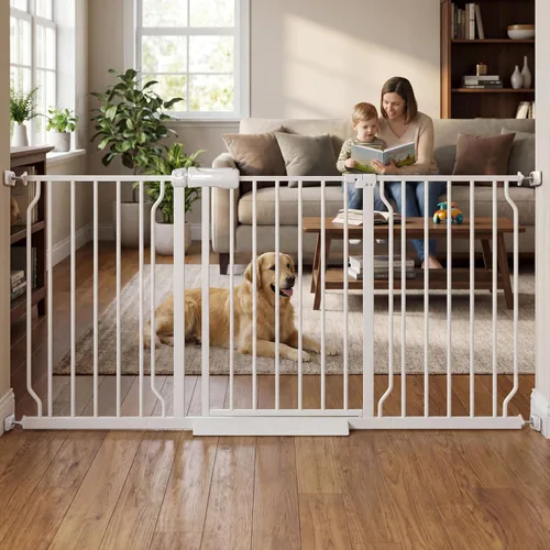 Miniatura 13 de Puerta para bebé extra ancha con puerta, 52.76 ~ 62.2 pulgadas de ancho, montada a presión, sin taladro, puerta de metal con cierre automático