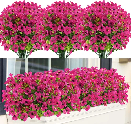 Miniatura 13 de GREENRAIN 6 paquetes de flores artificiales resistentes a los rayos UV, plantas falsas para exteriores, flores de plástico sintético para jardín
