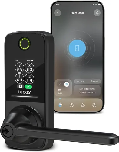 Lockly Secure Pro Smart Lock con asa, huella digital biométrica y teclado patentado PIN Genie antiespía, cerradura de puerta de entrada sin llave