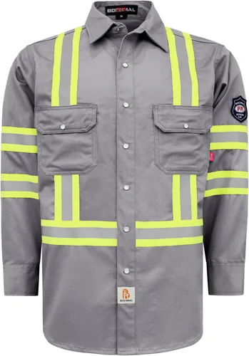 Miniatura 11 de BOCOMAL Camisas FR Alta Visibilidad/Alta Visibilidad Resistente a Llamas/Retardante de Fuego 7.5oz Camisas Reflectantes para Hombre Azul marino/alta