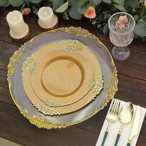 Miniatura 2 de Tableclothsfactory Paquete de 10 platos redondos de plástico barroco dorado de 8 pulgadas para ensalada de postre, vajilla desechable con borde