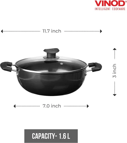 Miniatura 2 de Vinod Utensilios de cocina anodizado duro Kadhai profundo con tapa de vidrio – Negro – 1.6 litros (1.69 cuartos de galón) – 7.1 in – Tamaño pequeño