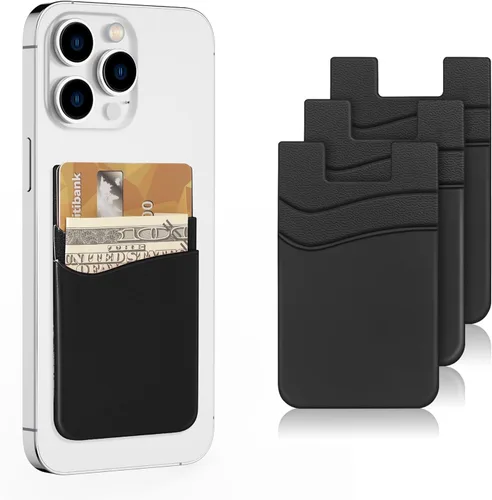 Miniatura 20 de SHANSHUI Billetera para Teléfono, Paquete de 3 Portadores de Tarjetas de Crédito para Billetera de Teléfono Negra Adherible de 2 Ranuras para Casi