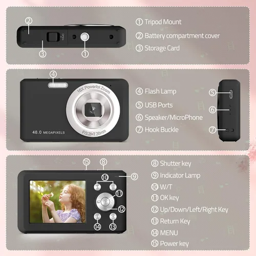 Miniatura 2 de Cámara Digital, Cámara Compacta FHD 1080P con Tarjeta de 32GB, Cámara de 48MP LCD de 2.4'' Zoom Digital 16X para Niño Estudiante Niños Adolescente