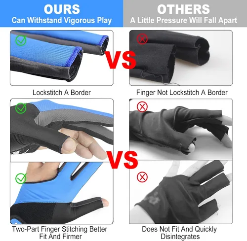 Miniatura 3 de YFY Guantes de billar para mano izquierda con 3 dedos, proceso de empalme, guantes deportivos de billar para hombres y mujeres Azul