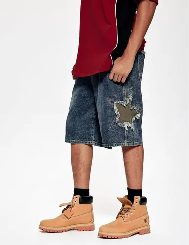 Miniatura 7 de Vamtac Pantalones cortos de mezclilla para hombre, diseño de retazos de estrellas, tiro medio, casual, holgado, para verano, pantalones de mezclilla