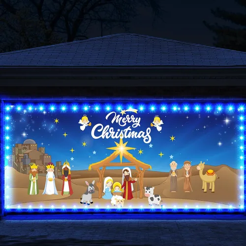 Ganeen 6.4x16 pies de luz de cadena LED 2025 para puerta de garaje de Navidad, gran decoración rústica para puerta de garaje de Navidad, cubierta de