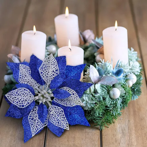 Miniatura 4 de Juego de 14 flores de Pascua de 8.7 pulgadas de ancho, 4 capas de flores de pascua con purpurina azul para árbol de Navidad, coronas, guirnaldas