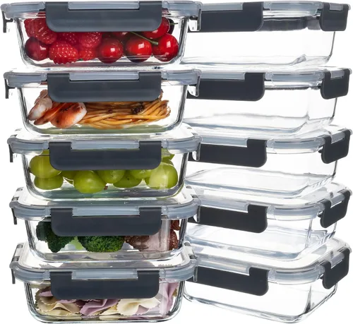 Paquete de 10 recipientes de vidrio de 22 onzas para preparación de comidas, recipientes de almacenamiento de alimentos con tapas, recipientes