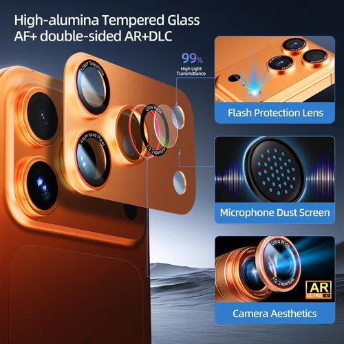 Miniatura 3 de HelloDeere Protector de lente de cámara de vidrio templado de alta alúmina 9H para iPhone 17 Pro Max, grado militar inastillable con fuerte naranja