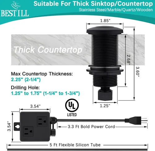 Miniatura 6 de BESTILL Kit de interruptor de aire superior para eliminación de basura, botón negro mate de 3.6 pulgadas de largo con cubierta de latón, módulo