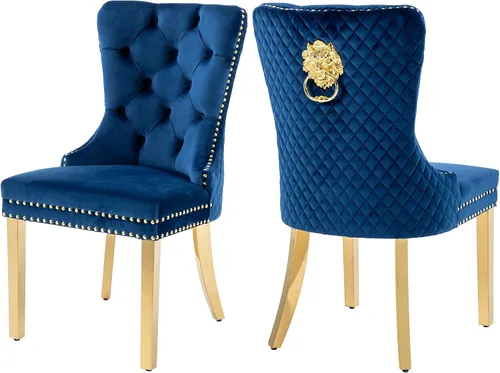 Miniatura 16 de Civama Juego de 2 sillas de comedor, elegantes sillas de comedor de terciopelo capitonado de lujo con patas doradas y adornos de clavos, tirador