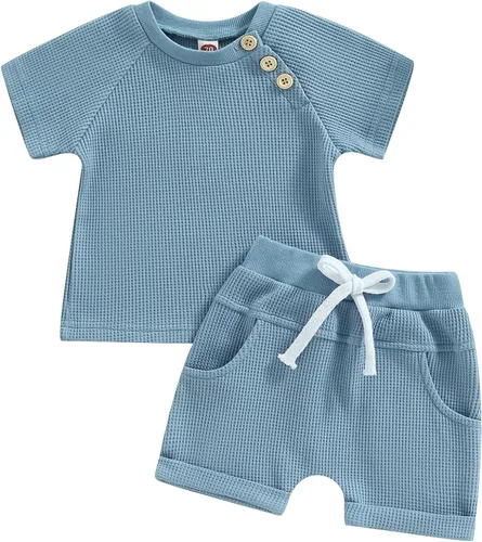 MAINESAKA Conjunto de 2 piezas de camiseta de punto gofre de manga corta para bebé niño y niña, color liso, con cordón de ajuste, conjunto de 2