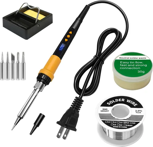 Miniatura 8 de Kit de soldador naranja 909A 90W con pantalla LED y calentador de cerámica, herramienta de soldadura digital de temperatura ajustable, incluye 90w