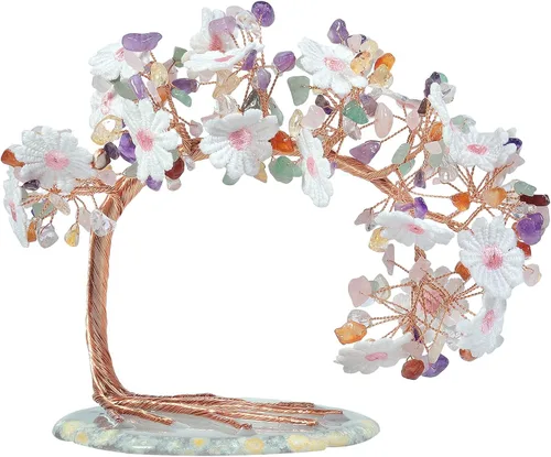 Miniatura 5 de Árbol de dinero con flores bordadas de cristal con base de ágata, buena suerte, Feng Shui, árbol bonsái para decoración de mesa de oficina en casa