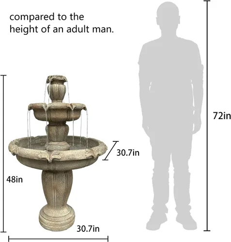 Miniatura 5 de Fuente de agua de piso al aire libre de 48" de alto, fuente de agua de hormigón de 3 niveles con bomba eléctrica sumergible - Cascada en cascada