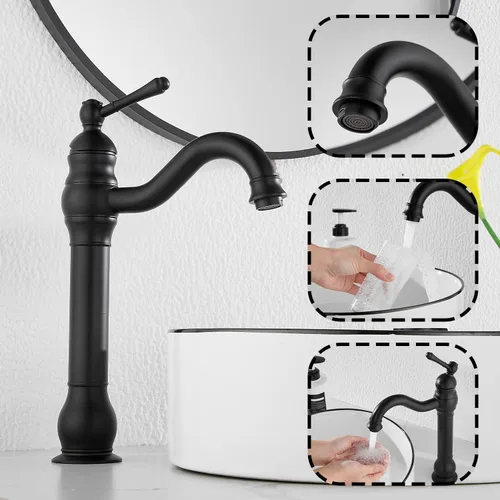 Miniatura 4 de Grifo de baño negro GGStudy con giro de 360°, de una sola manija y un agujero, grifo de fregadero de baño que coincide con el desagüe emergente