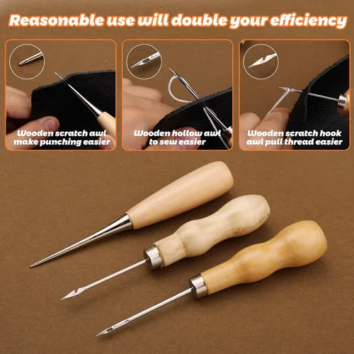 Miniatura 5 de Tikjiua Kit de costura de reparación de tapicería, 8 piezas de hilo encerado, agujas de coser de cuero, punzón de costura, dedal, kit de reparación