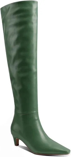 Miniatura 5 de MOOMMO Botas altas de tacón de gatito sobre la rodilla para mujer, punta cuadrada, de cuero mate, de meter de pantorrilla ancha, plisadas, tacón