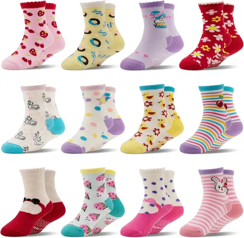 Miniatura 7 de SkiBeaut Calcetines para bebés y niñas, 12 pares de calcetines antideslizantes para niños pequeños con agarre para niñas de 0 a 7 años