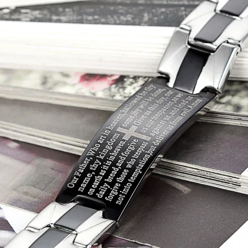 Miniatura 2 de Flongo Pulsera de pulsera vintage de acero inoxidable para hombre, con cruz negra inglesa, señores de la Biblia y eslabones de oración para hombre