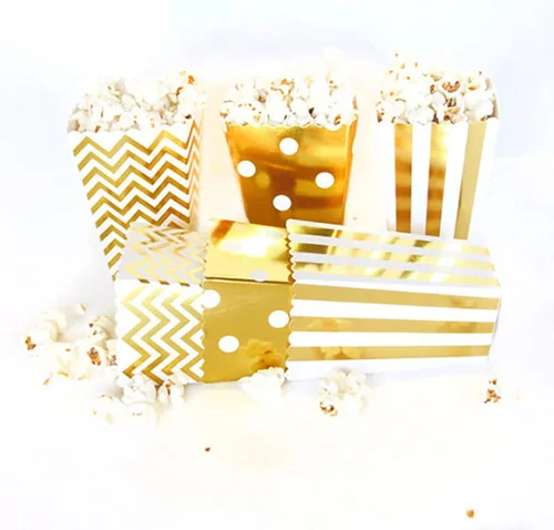 Miniatura 4 de Lamantery 24 cajas de palomitas de maíz con rayas doradas, caja de papel de regalo de regalo de cumpleaños, suministros de cartón para dulces