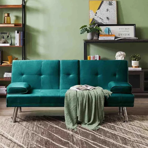 Miniatura 9 de Sofá cama futón de terciopelo con 2 portavasos y reposabrazos extraíbles, moderno sofá cama convertible con patas de metal, sofá biplaza tapizado
