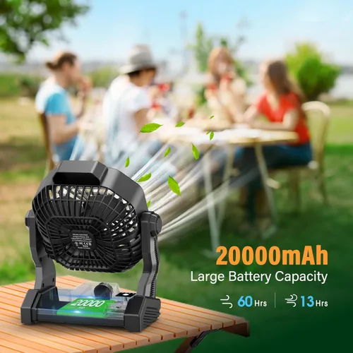 Miniatura 4 de Ventilador solar de 20000 mAh con linterna LED, ventilador de campamento con panel solar, 7 W recargable para exteriores, ventilador silencioso