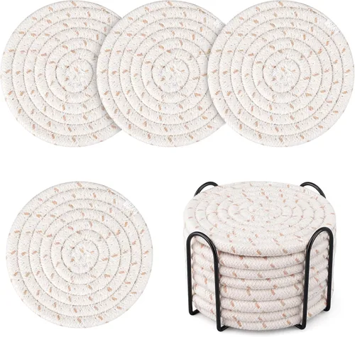 Miniatura 8 de Posavasos tejidos de algodón con soporte, juego de 8 posavasos absorbentes para protección de mesa, decoración del hogar, gafas, tazas, bar, regalo