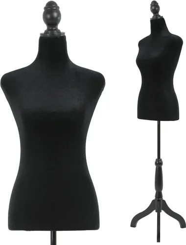 Vestido de maniquí femenino con altura ajustable de 49.6 a 63.4 pulgadas, con trípode de madera para ventana, tienda, joyería, costura (negro)
